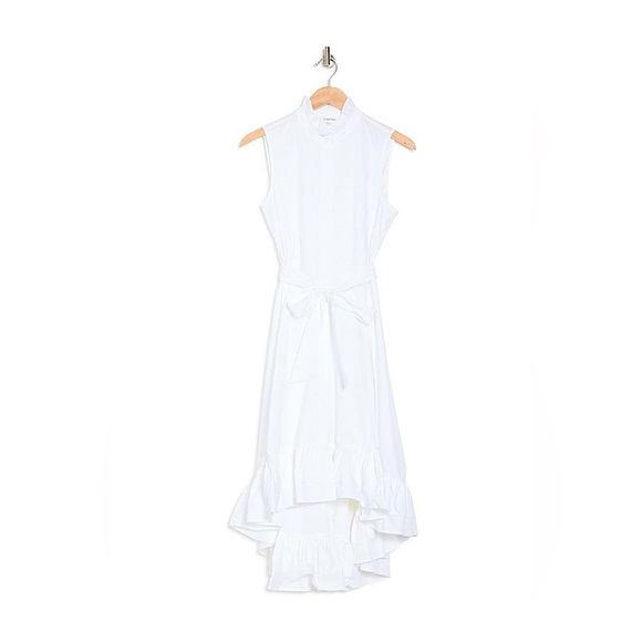 NEW CALVIN KLEIN Cotton Ruffled Mock-Neck High Low Midi Dress - Picture 6 of 7